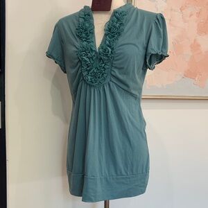 Teal Ruffle V-Neck Top Large